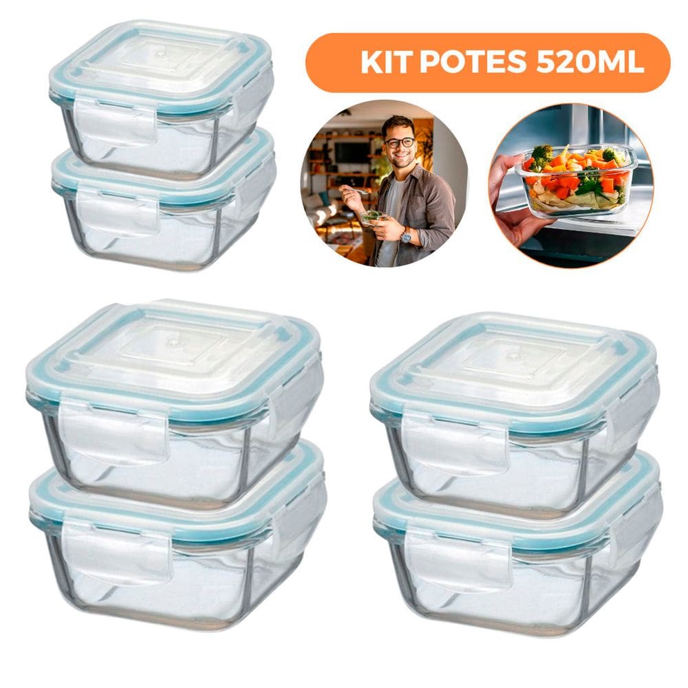 Kit 6 Potes de Vidro Herméticos Quadrados 520ml - AD