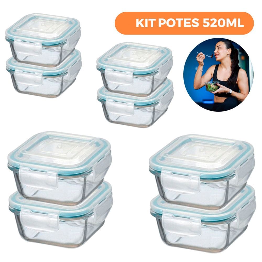 Kit 8 Potes de Vidro Herméticos Quadrados 520ml - AD