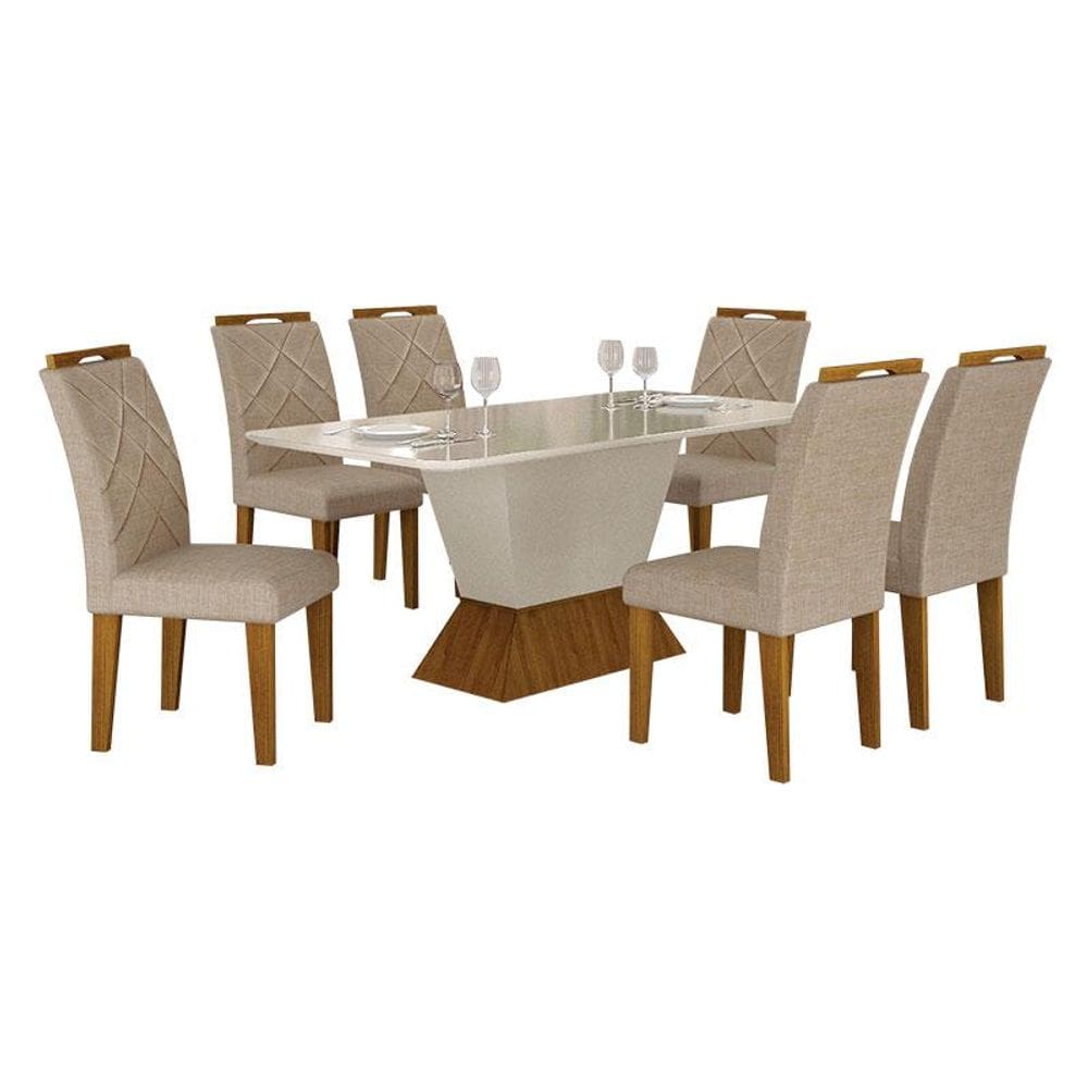 Mesa de Jantar Larissa 180x90 Off White Freijó com 6 Cadeiras MDF Freijó Linho Palha - Leifer Móveis