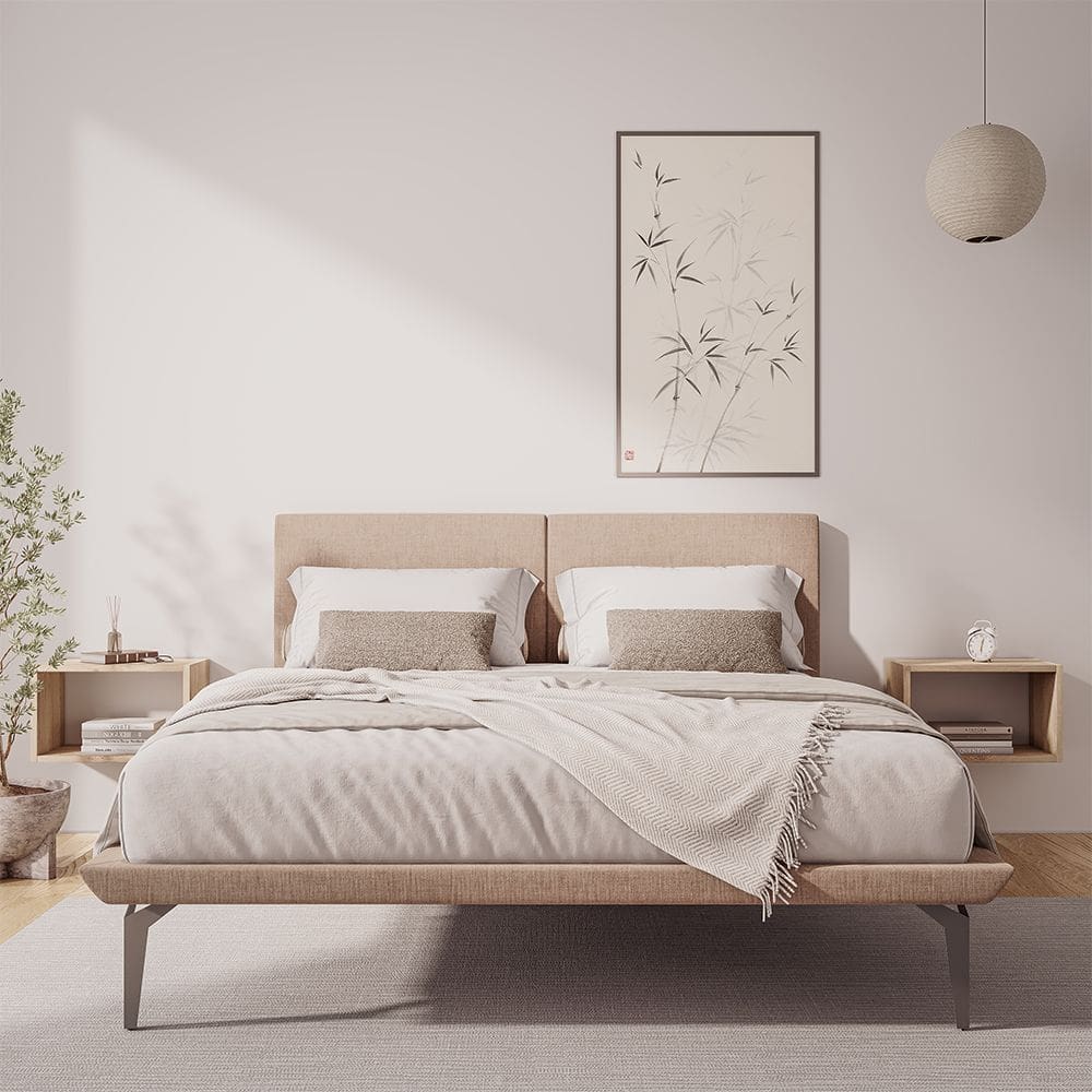 Base Box Cama Japonesa Toquio Queen com Cabeceira Almofada Linho Bege