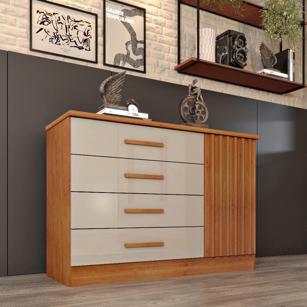 Cômoda para Quarto Ripada 1 Portas 4 Gavetas - Barcelona-Cinamomo/Off White - Tcil Móveis