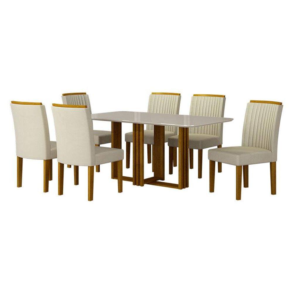 Mesa de Jantar Jade 160x80 Freijó Off White com 6 Cadeiras Freijó Joli Palha - Leifer Móveis