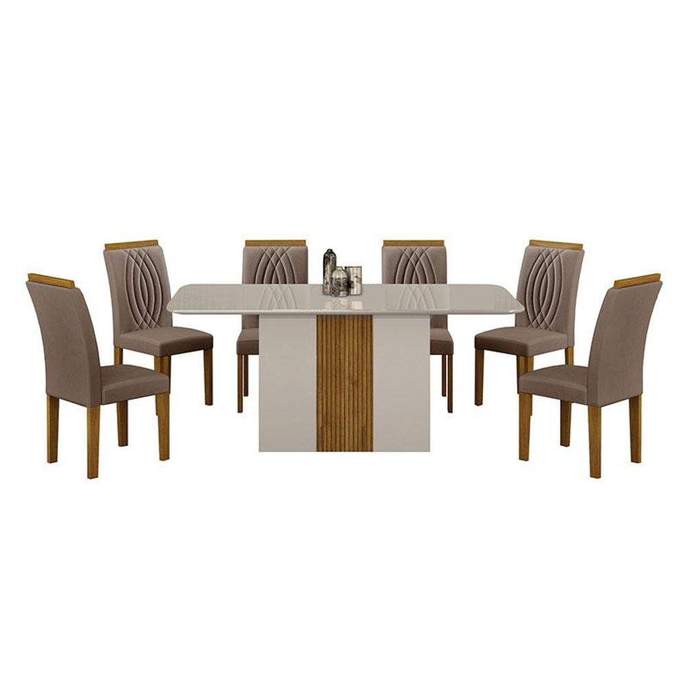Mesa de Jantar Doha 160x80 Off White Freijó Decor Off com 6 Cadeiras Freijó Joli Camurça - Leifer Móveis
