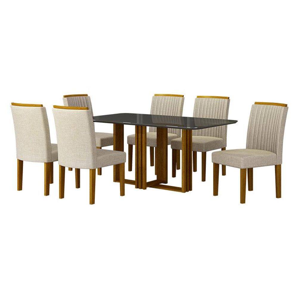 Mesa de Jantar Jade 160x80 Freijó Chumbo com 6 Cadeiras Freijó Linho Palha - Leifer Móveis