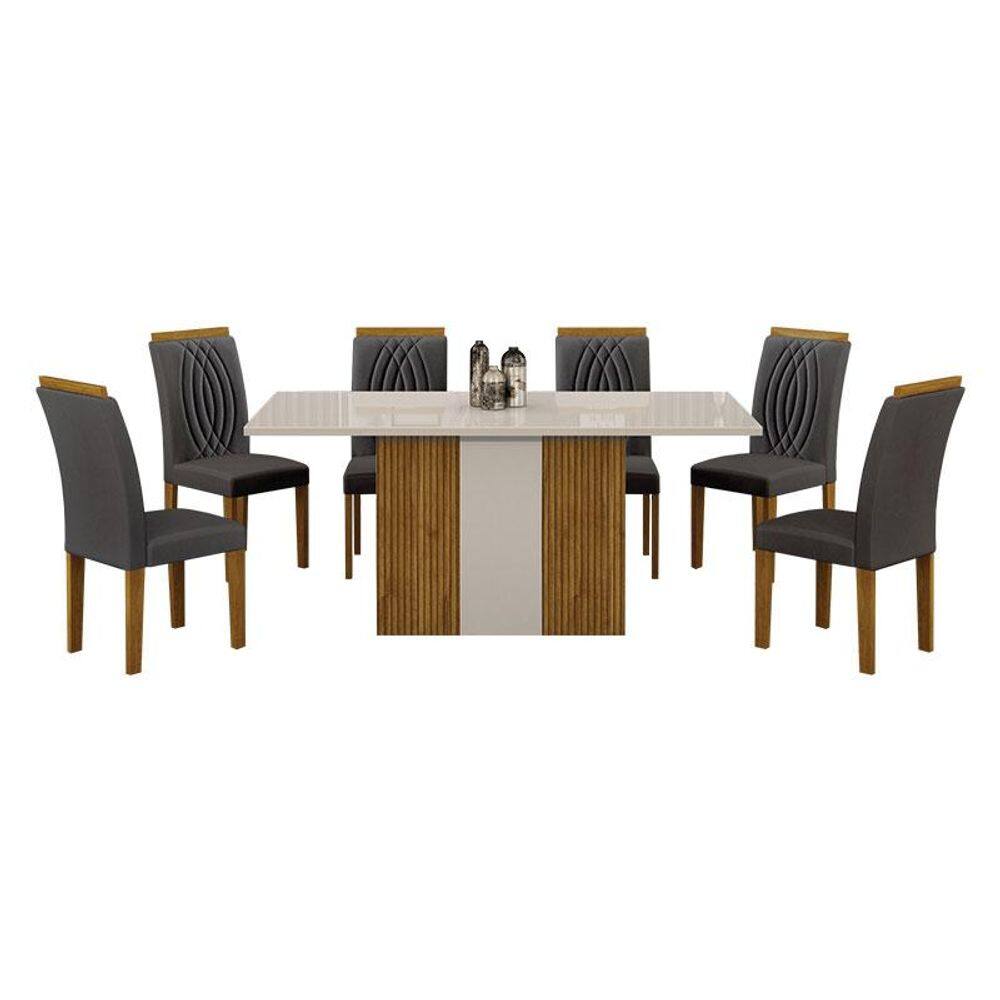 Mesa de Jantar Doha 160x80 Reto Freijó Decor Off White com 6 Cadeiras Freijó Joli Chumbo - Leifer Móveis