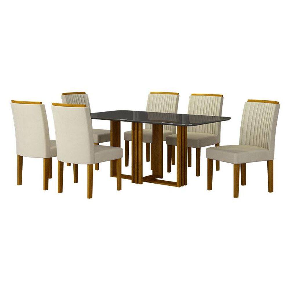 Mesa de Jantar Jade 160x80 Freijó Chumbo com 6 Cadeiras Freijó Joli Palha - Leifer Móveis