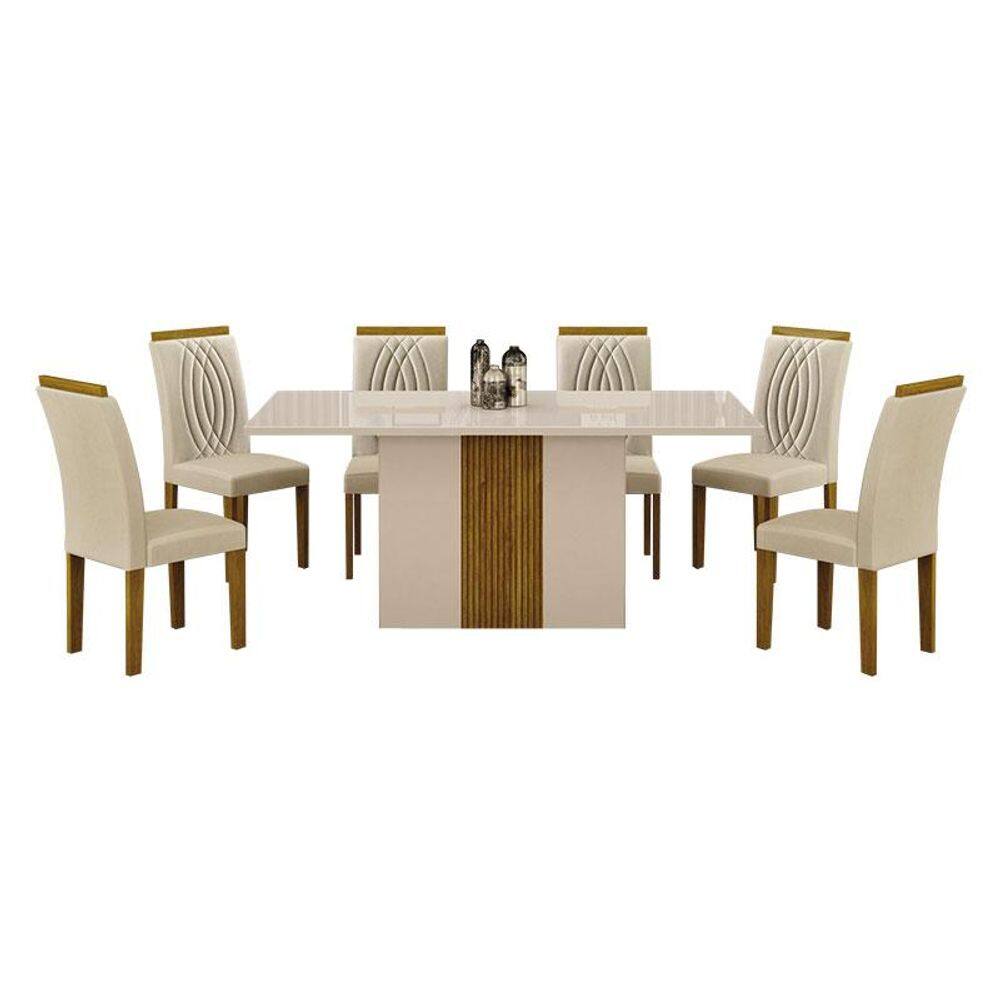 Mesa de Jantar Doha 160x80 Reto Off White Freijó Decor Off com 6 Cadeiras Freijó Joli Palha - Leifer Móveis