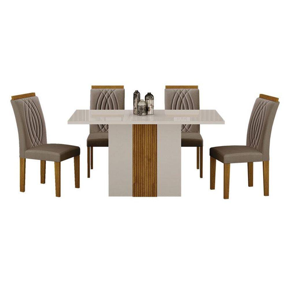 Mesa de Jantar Doha 120x80 Reto Off White Decor Off com 4 Cadeiras Freijó Joli Camurça - Leifer Móveis