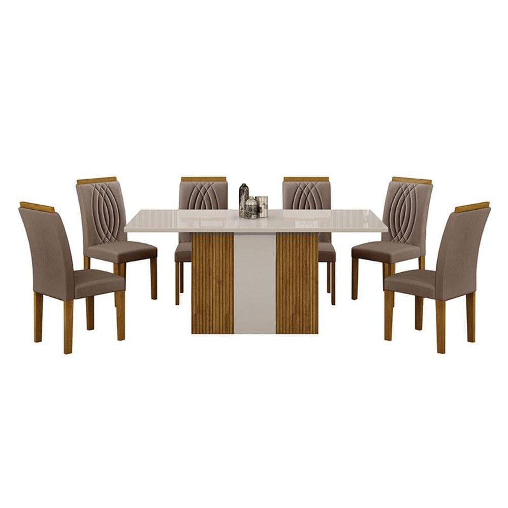 Mesa de Jantar Doha 160x80 Reto Freijó Decor Off White com 6 Cadeiras Freijó Joli Camurça - Leifer Móveis