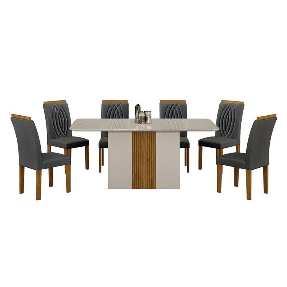 Mesa de Jantar Doha 160x80 Off White Freijó Decor Off com 6 Cadeiras Freijó Joli Chumbo - Leifer Móveis