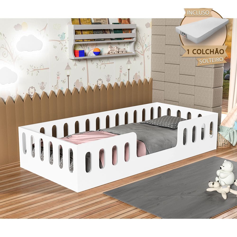 Cama de Criança Reforçada Helo Solteiro com Colchão - Branca