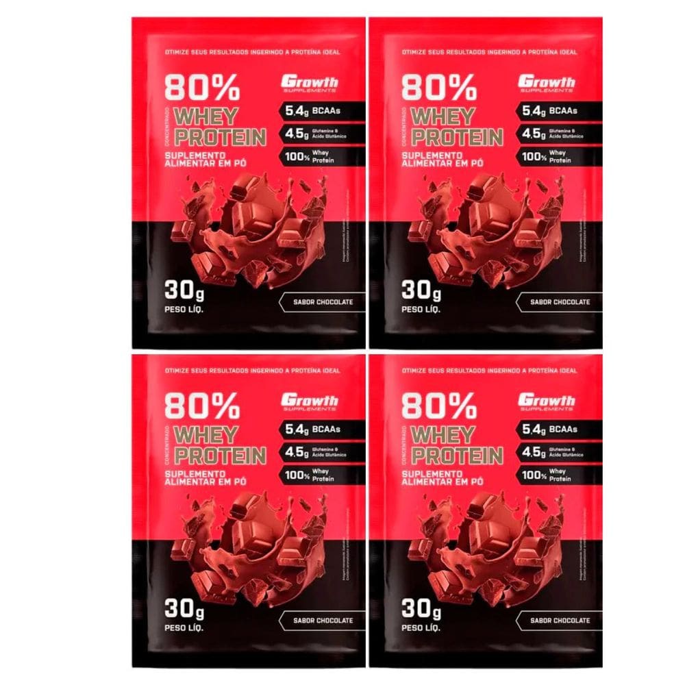 Kit com 4 Saches Whey Protein 80% 30g Growth Chocolate