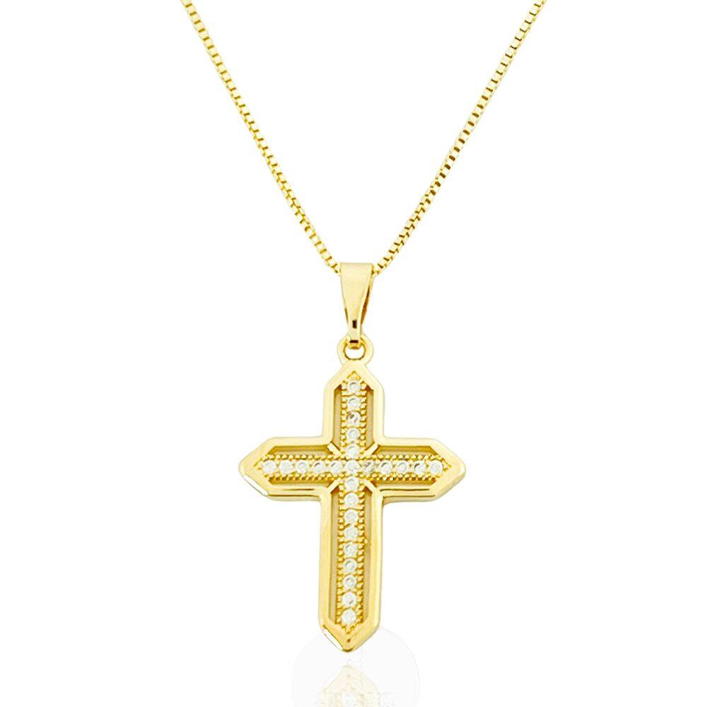Colar Crucifixo Cravejado Cristal Banhado a Ouro