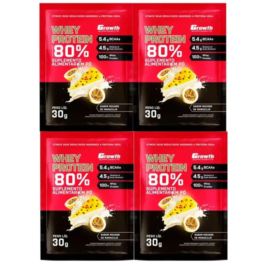 Kit com 4 Saches Whey Protein 80% 30g Growth Mousse De Maracujá
