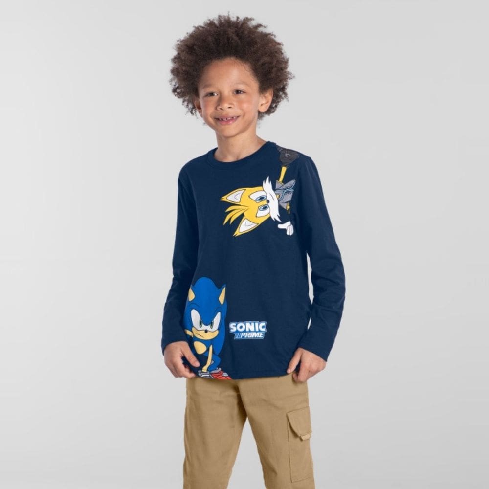 Camiseta Manga Longa Sonic Menino Azul Marinho - Brandili