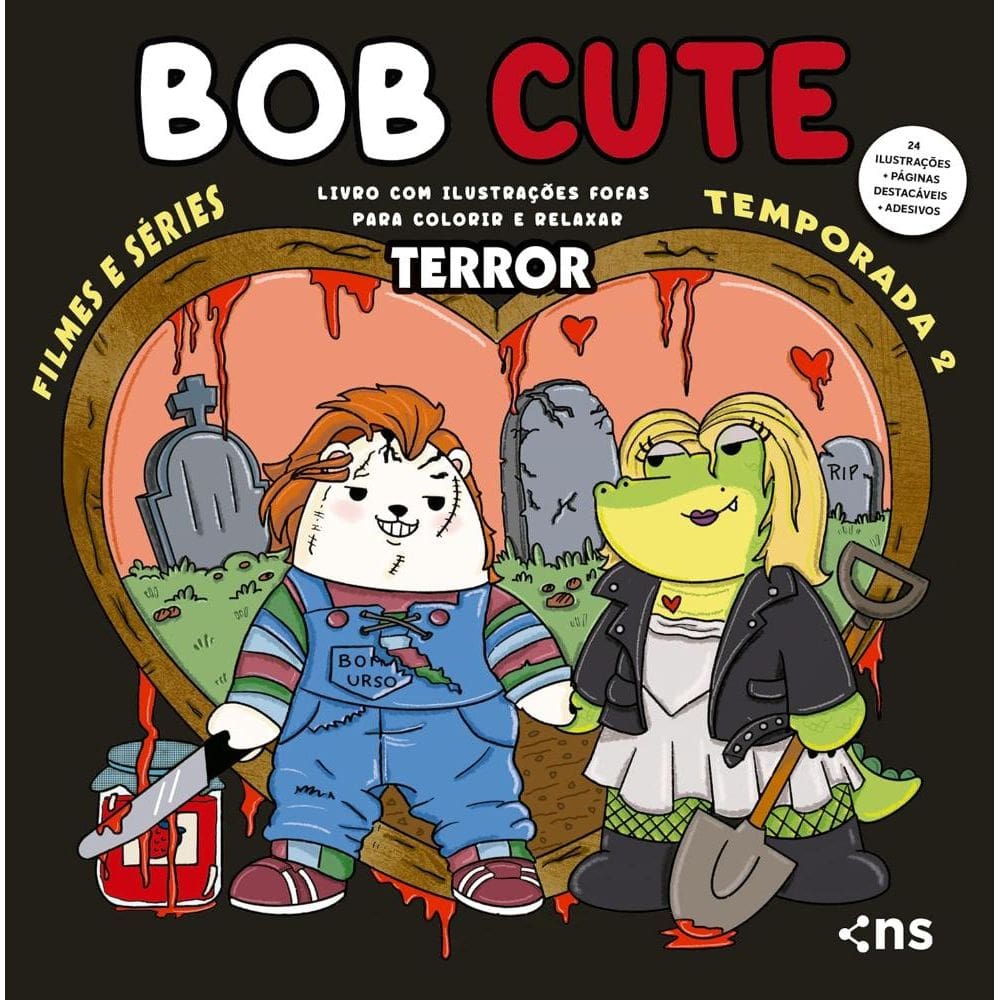 BOB CUTE – FILMES E SERIES TERROR - Livro com ilustrações fofas e originais para pintar, páginas destacáveis e acompanha uma cartela de adesivo - pape