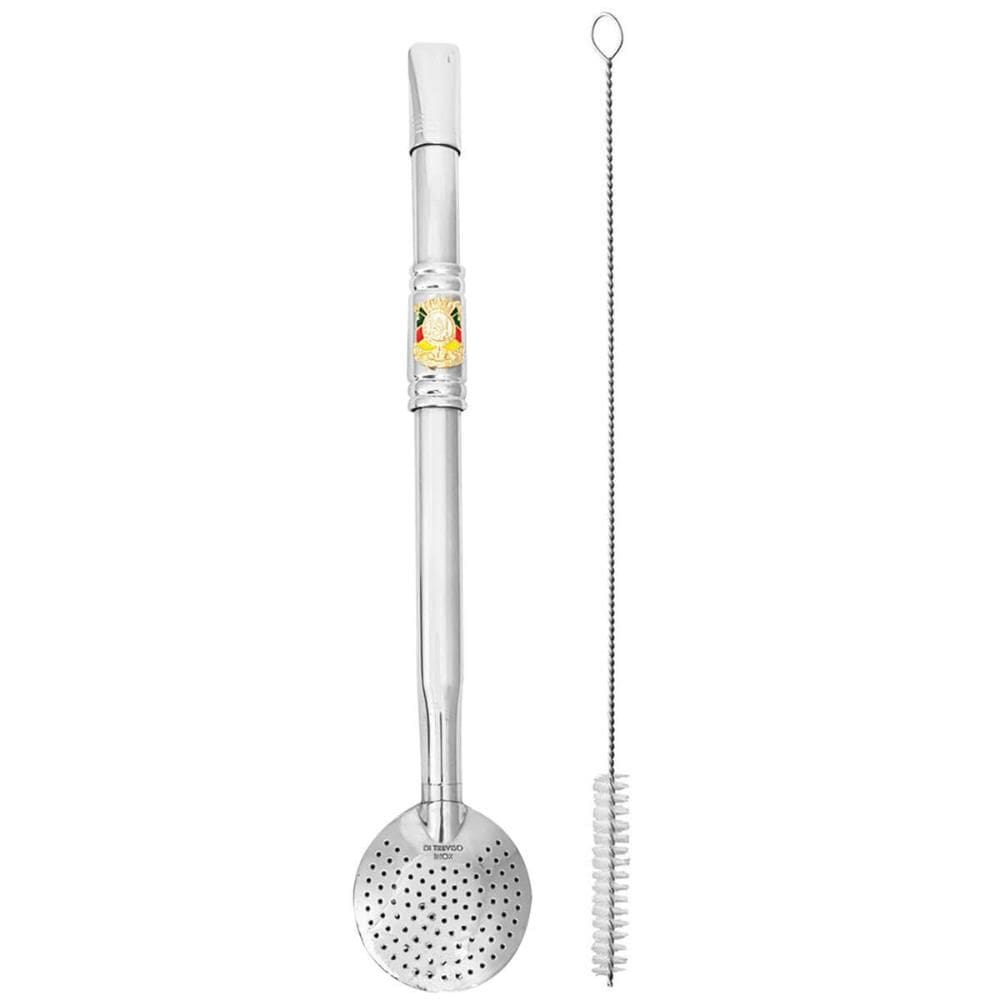Bomba Chimarrão Tererê Aço Inox 23cm com Rosca e Anel com Pingente