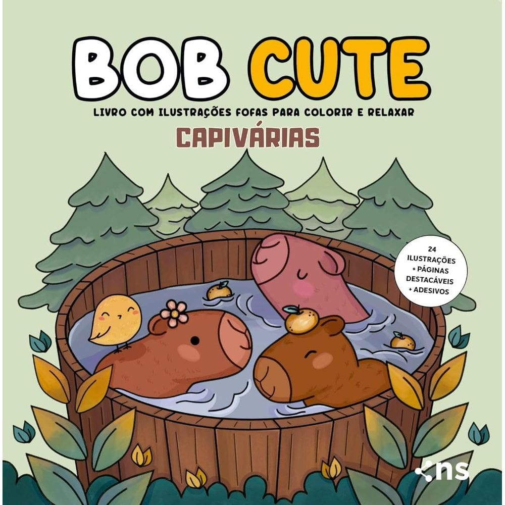 BOB CUTE – CAPIVÁRIAS - Livro com ilustrações fofas e originais para pintar, páginas destacáveis e acompanha uma cartela de adesivo - papel 180gr(0506