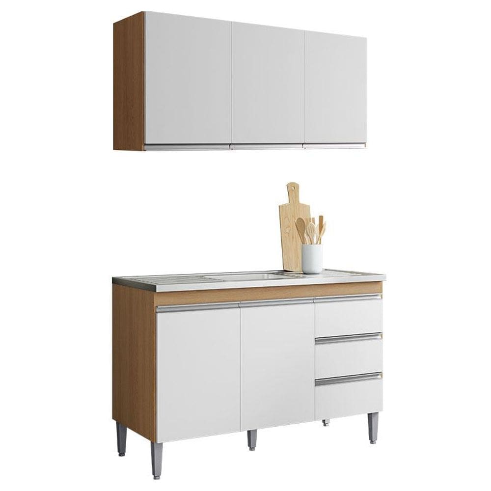 Balcão de Pia 120cm e Armário Aéreo Andreia Amêndoa Branco - AJL