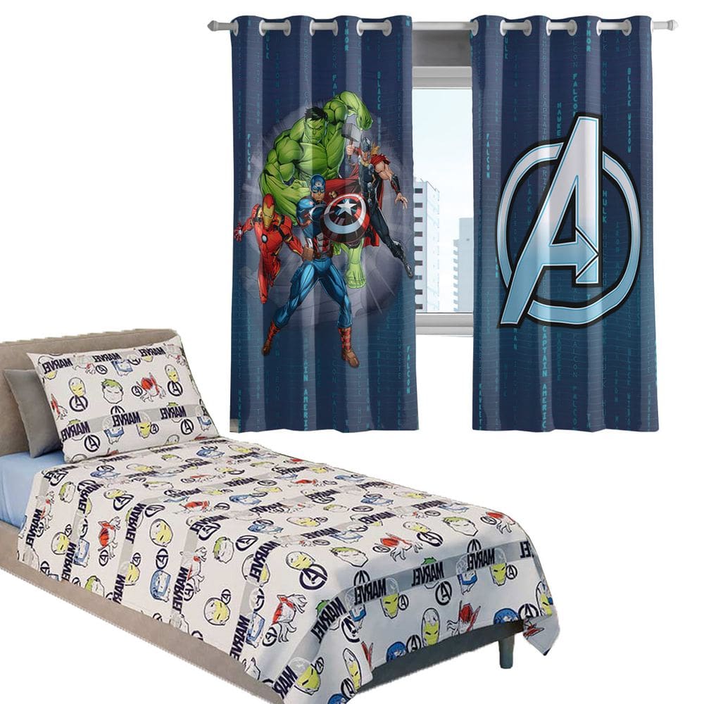 Kit Quarto Infantil Vingadores Cortina + Jogo de Cama 100% Algodão 3 Peças Solteiro Personagens