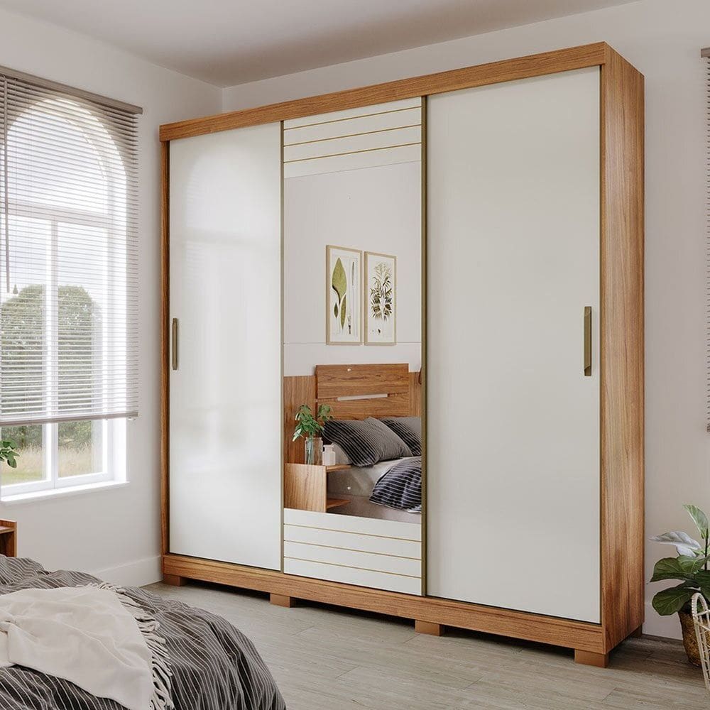 Guarda Roupa Casal 3 Portas de Correr com Espelho e Pés 199cm 100% MDF Roma Espresso Móveis