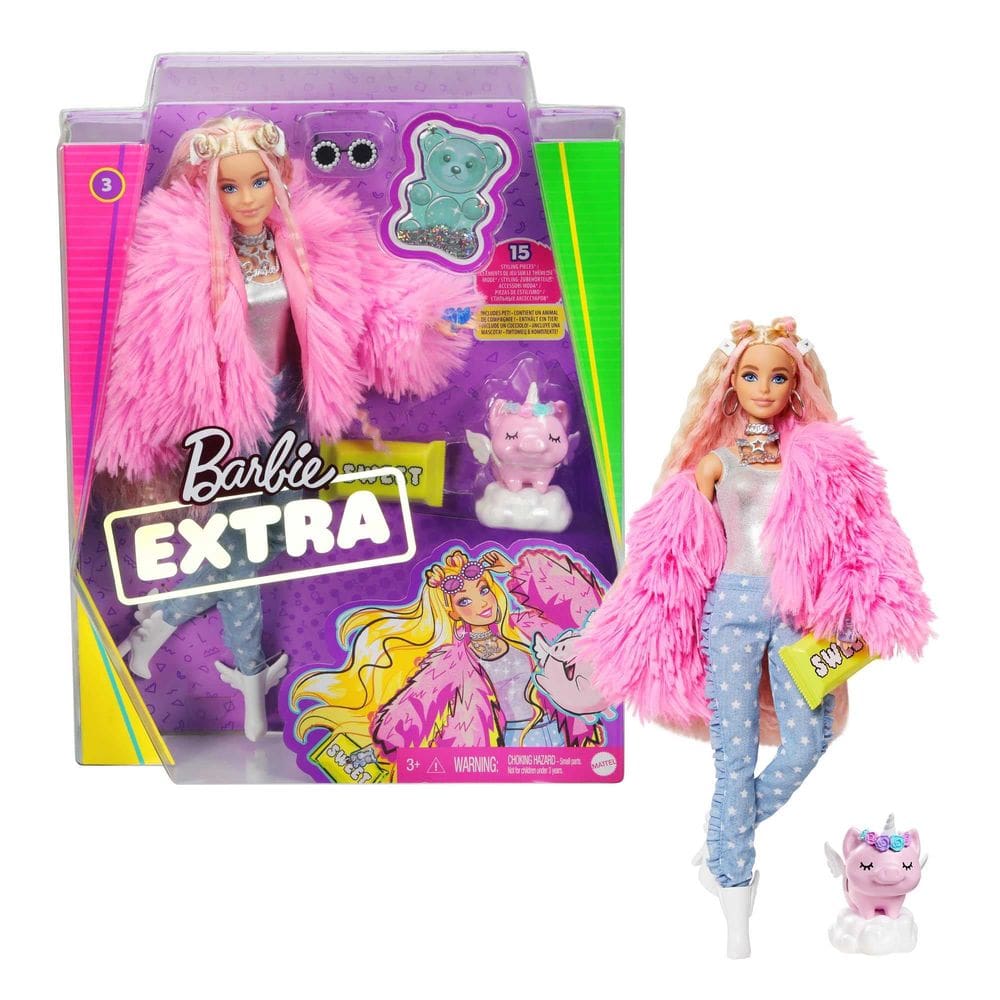 Boneca Barbie Extra com cabelo loiro com listras rosadas e animal de estimação