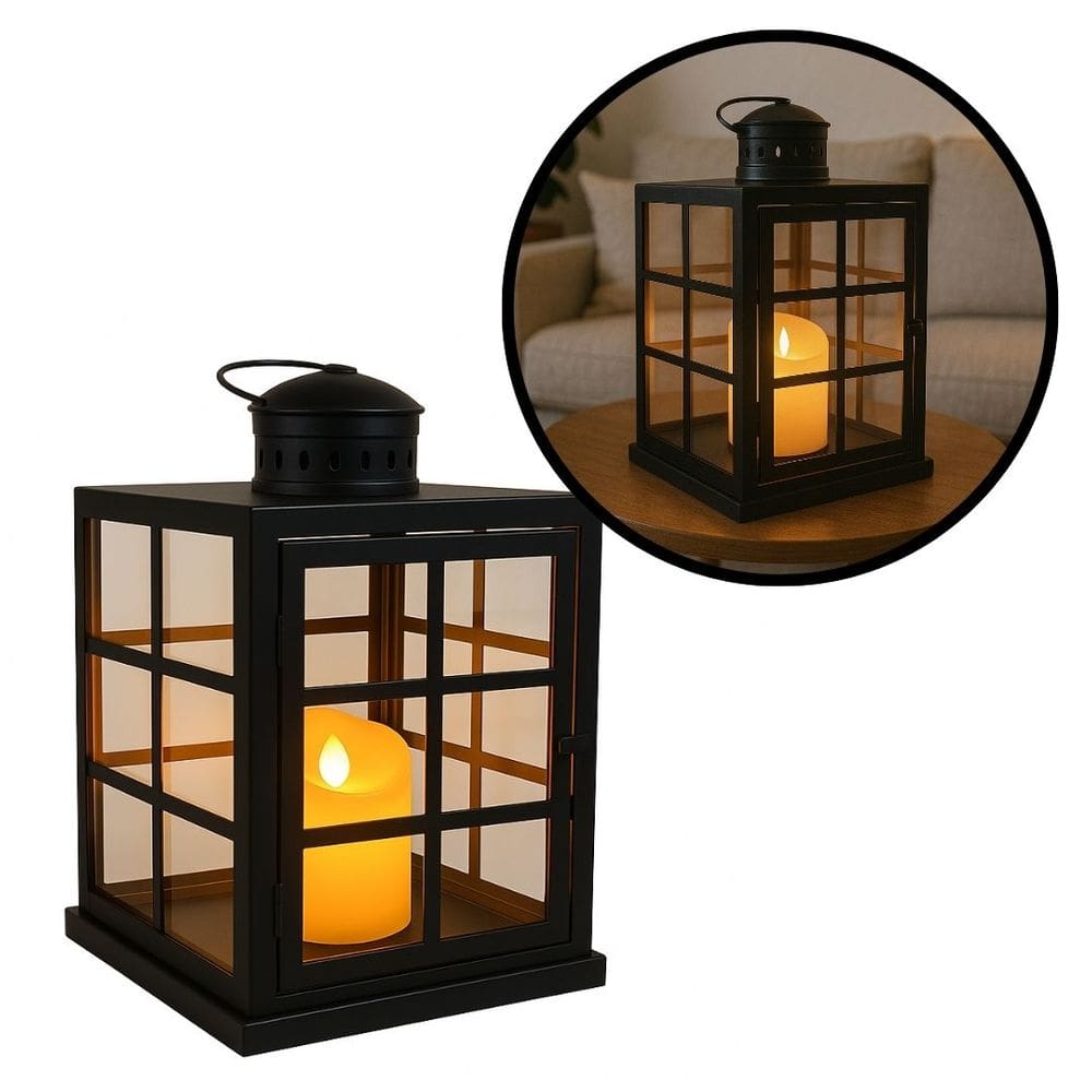 Lanterna Decorativa Iluminada Metal Black Fosco 32cm x 20cm com Vela LED - Mabruk
