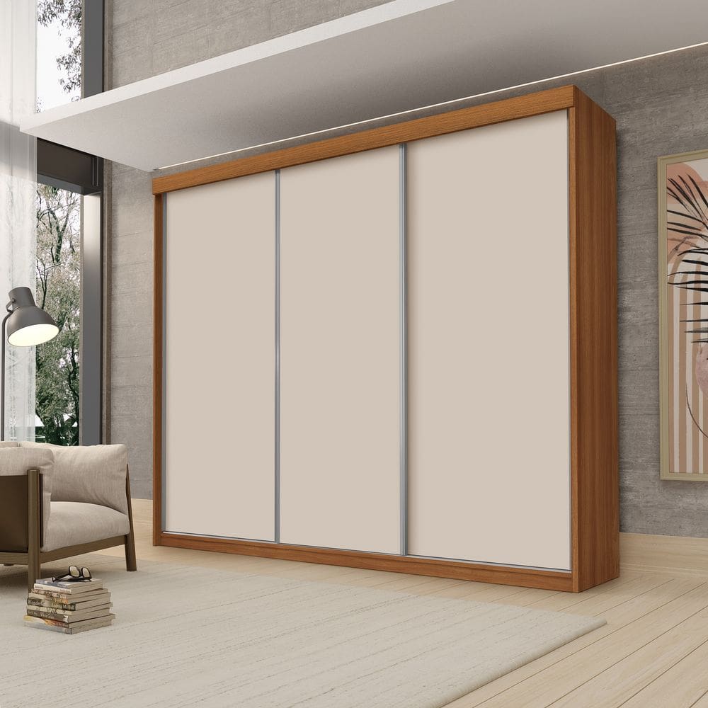 Guarda Roupa Casal Luxo Florença 100% Mdf c/ 3 Portas de Correr 5 Gavetas -Trilhos em Alumínio - Luapa - Carvalho/Off