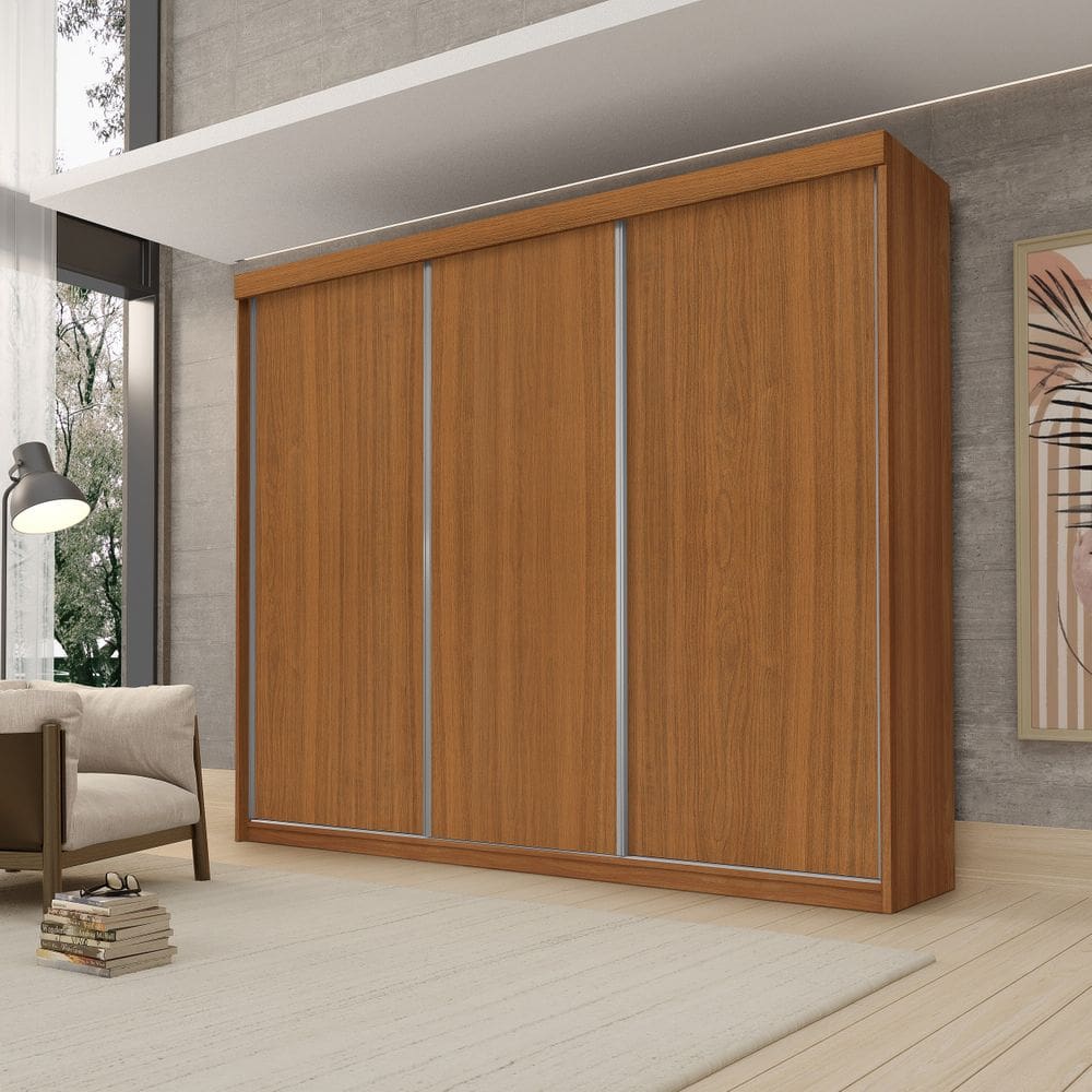Guarda Roupa Casal Luxo Florença 100% Mdf c/ 3 Portas de Correr 5 Gavetas -Trilhos em Alumínio - Luapa - Carvalho New