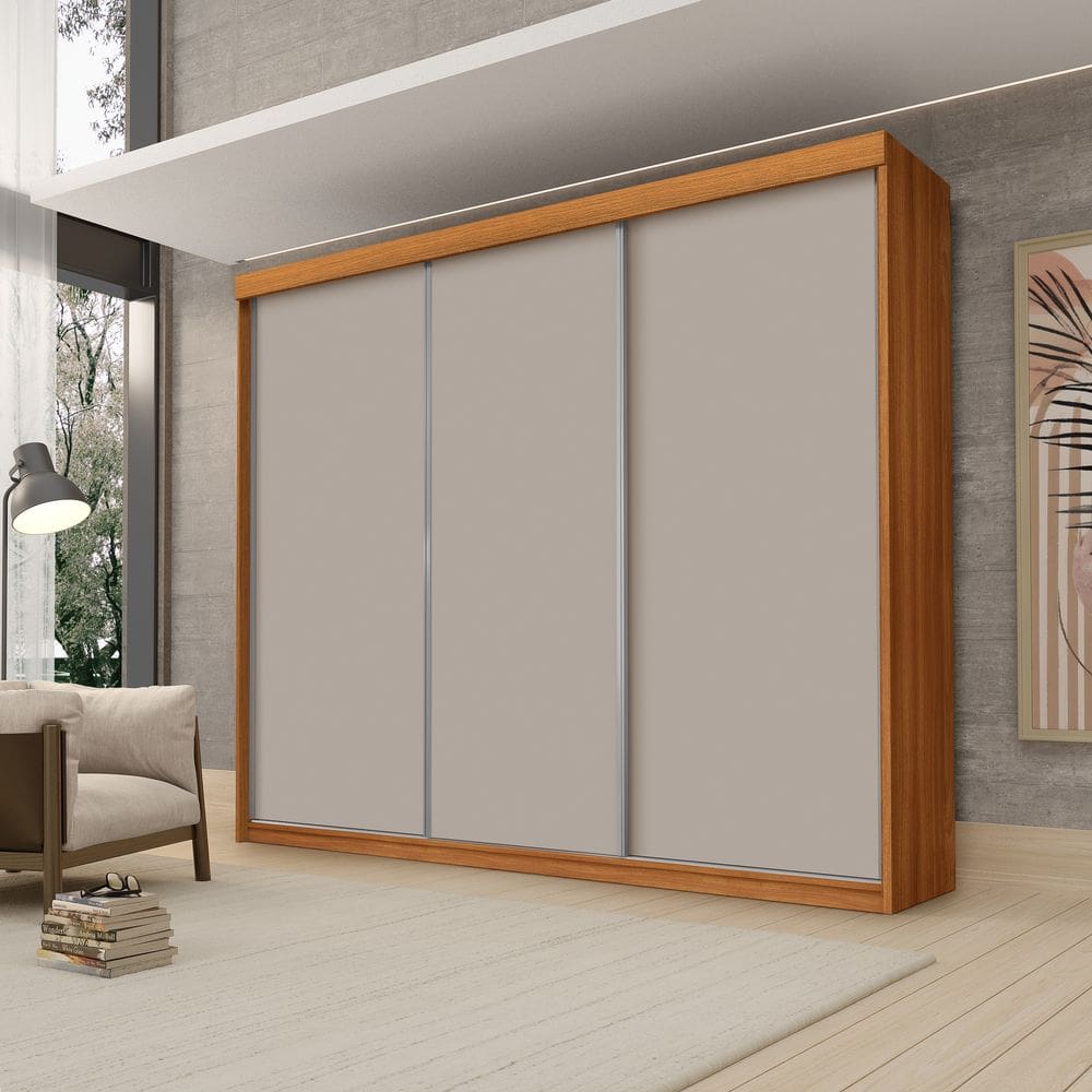 Guarda Roupa Casal Luxo Florença 100% Mdf c/ 3 Portas de Correr 5 Gavetas -Trilhos em Alumínio - Luapa - Freijó/Mani