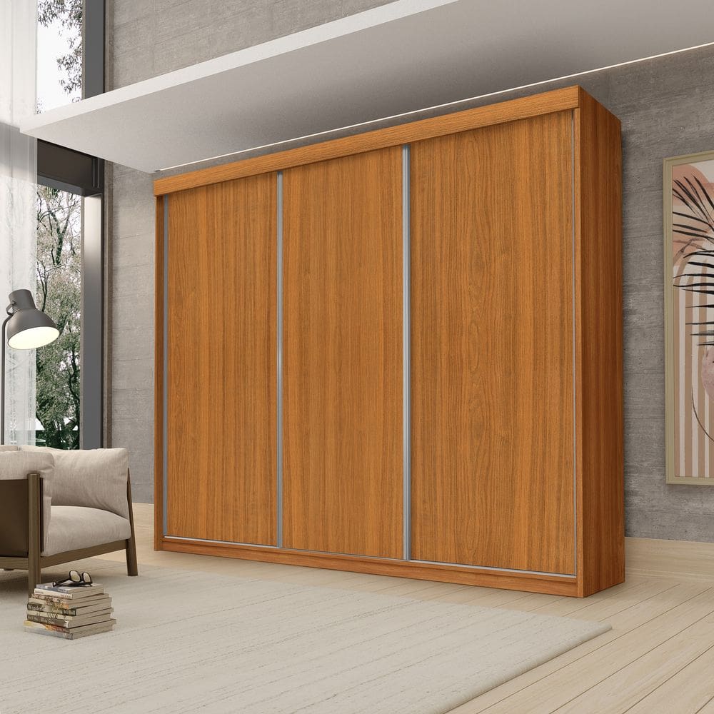 Guarda Roupa Casal Luxo Florença 100% Mdf c/ 3 Portas de Correr 5 Gavetas -Trilhos em Alumínio - Luapa - Freijó