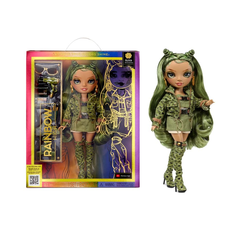 Boneca moderna Rainbow High Olivia Camo Green com acessórios