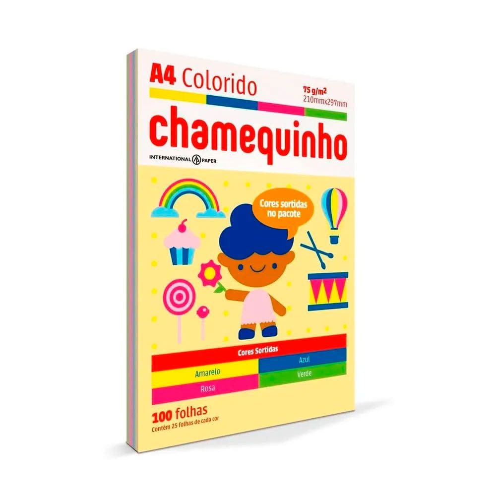 Papel Sulfite A4 75g Colorido 4 Cores c/100 Folhas - Chamequinho