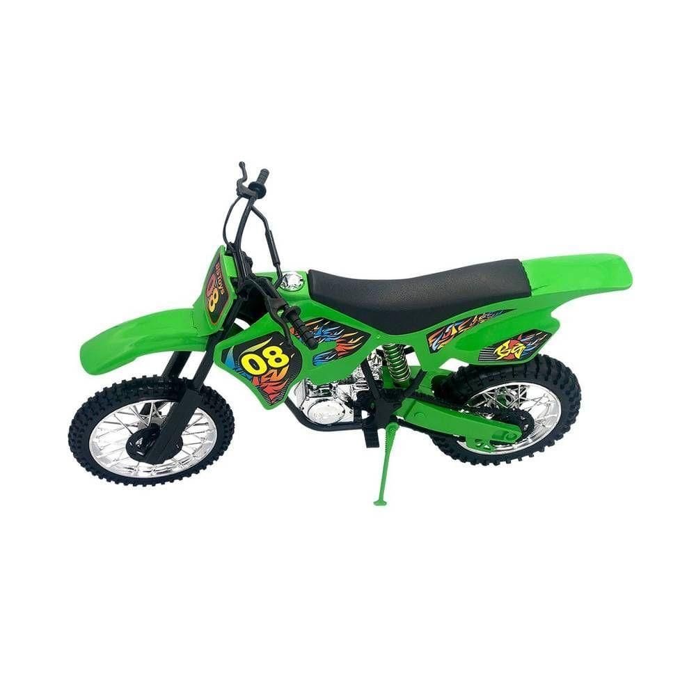 Moto 36cm Verde Motocross Infantil Com Apoio Motor Cromado E Pneus Emborrachados Colecionável
