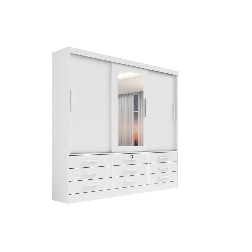 Guarda Roupa Roupeiro Meridian Plus 3 Portas 9 Gavetas Com Espelho Branco - D`Doro