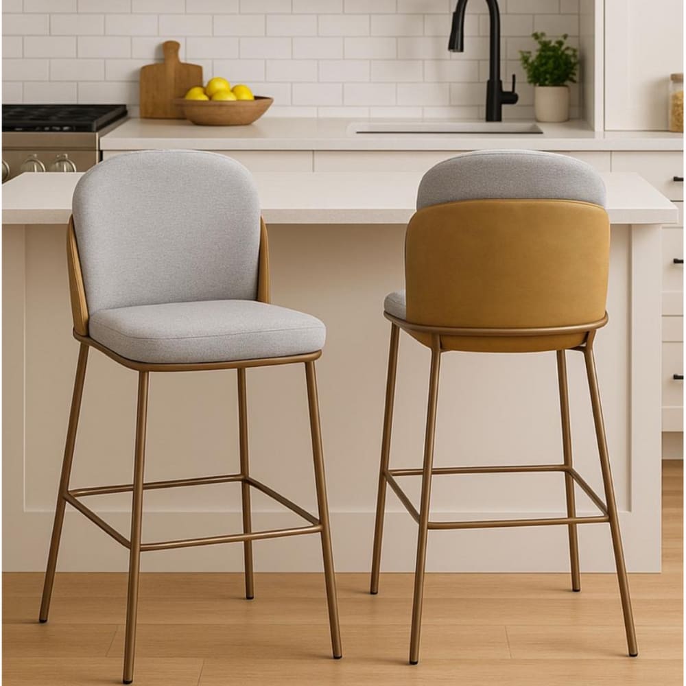 Kit 2 Banquetas com Encosto Estofado e Base em Aço Carbono Champanhe – Cristal Exclusiva