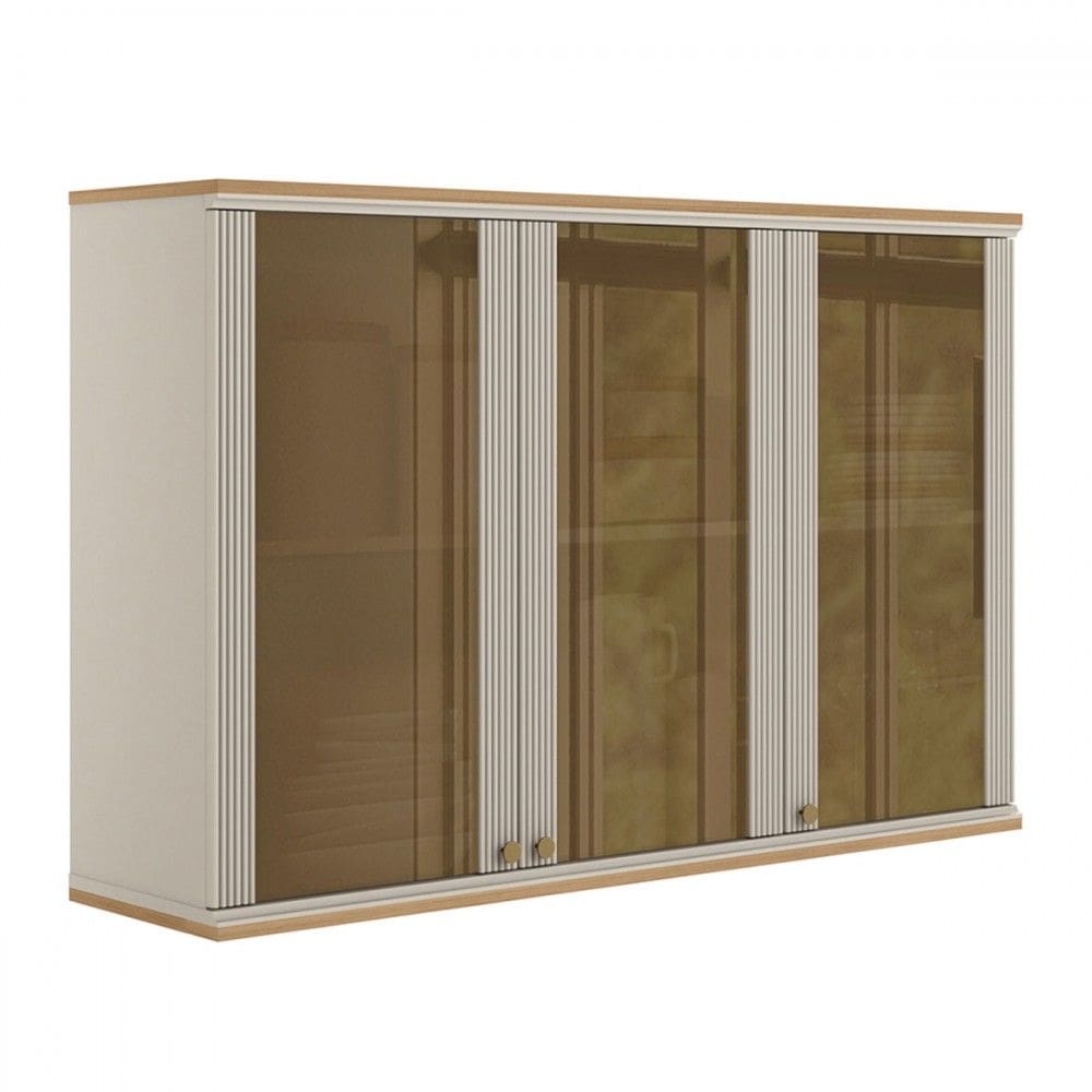 Armário Aéreo Cozinha 120 Cm Requin 3 Portas 100% Mdf com Vidro Jequitibá/Off White Fosco - Pnr Móveis