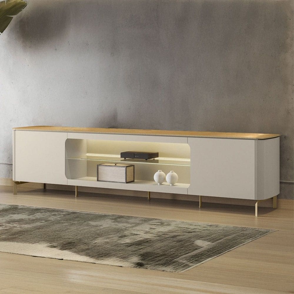 Rack para TV Até 85 Polegadas Elven 2 Portas com Vidro e Led Tauari/Off White - Pnr Móveis