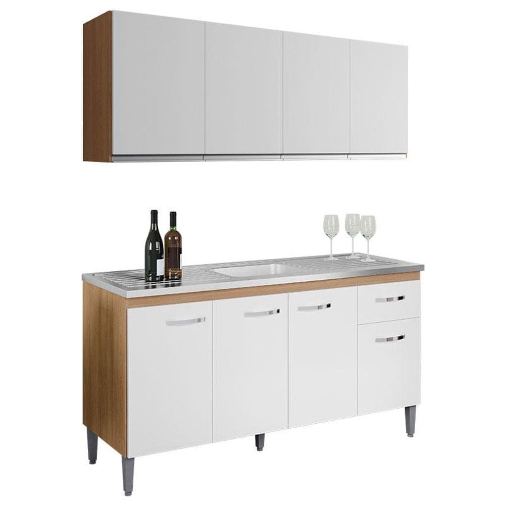 Balcão de Pia Gabriela 150cm e Armário Aéreo Andréia Amêndoa Branco - AJL