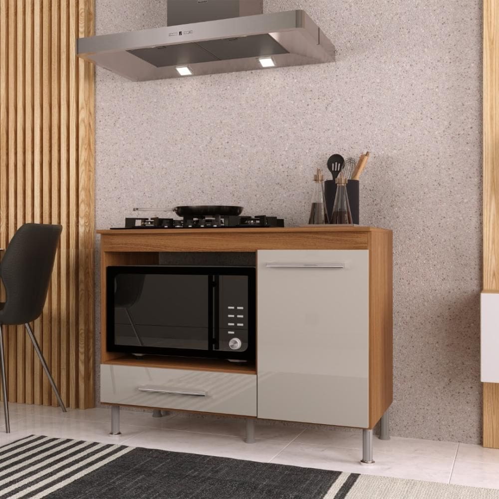 Balcão Modulado para Forno e Cooktop 105cm 1 Porta 1 Gaveta Madrid Fidelitá Freijó/Off-White