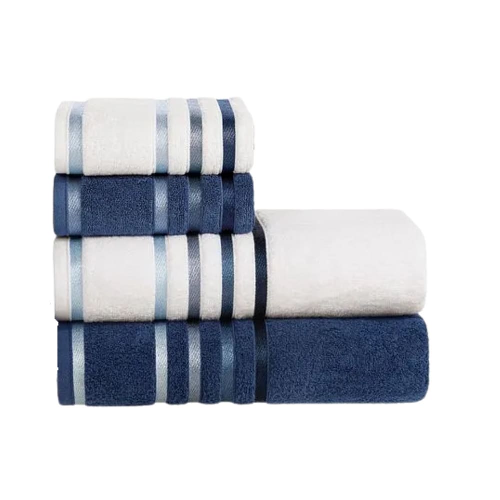 Jogo Toalhas de Banhão 4 peças Lumina Unika Karsten Branco Azul Marinho Fio Penteado