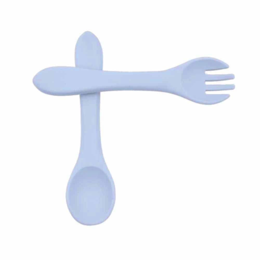 Colher E Garfo Infantil De Silicone Para Bebe Bpa Free Azul