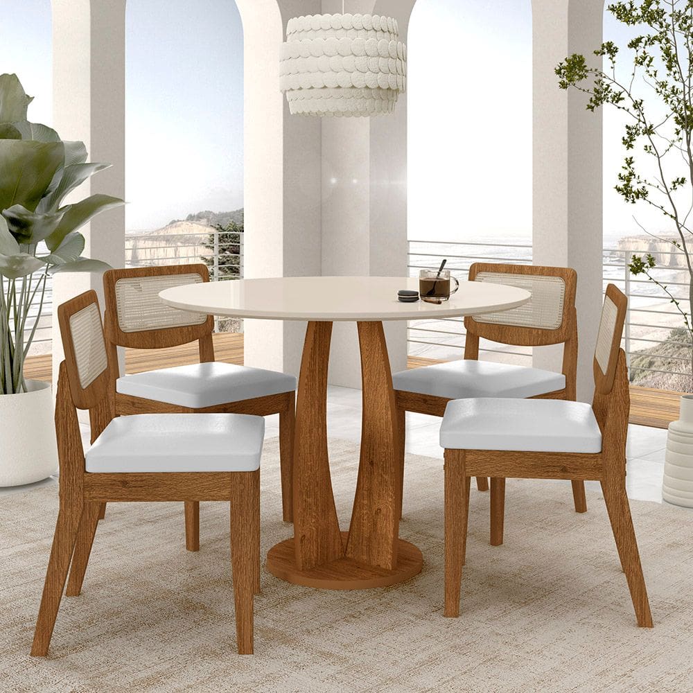 Mesa Redonda Camogli 4 Cadeiras Sextavadas Freijó/off/corino Bco - M.a