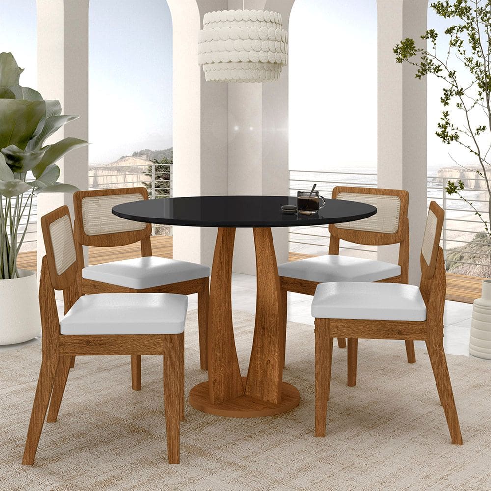 Mesa Redonda Camogli 4 Cadeiras Sextavadas Freijó/pto/corino Bco - M.a