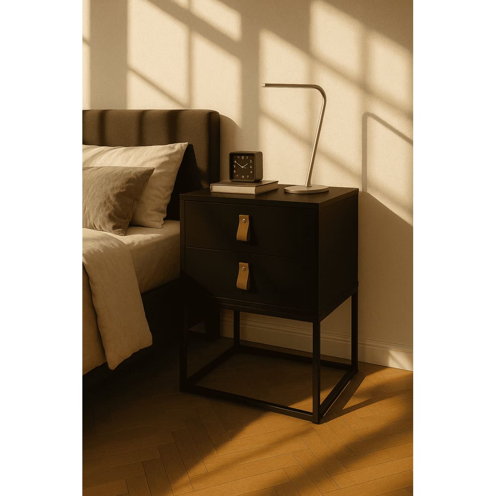 Mesa De Cabeceira Unic 45 Estilo Industrial Puxador de Couro