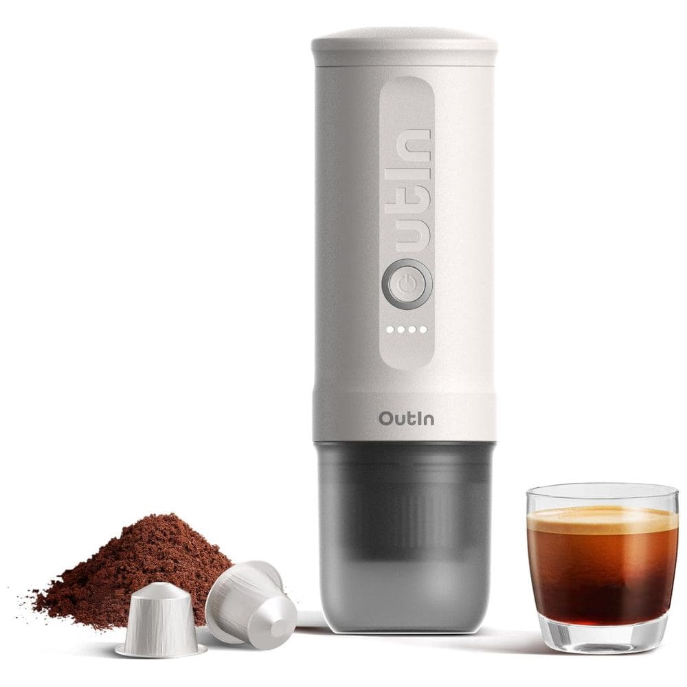 Mini Máquina de Café Expresso Elétrica Portátil para Café Moído ou Cápsula, 12V 24V Outin, Branca