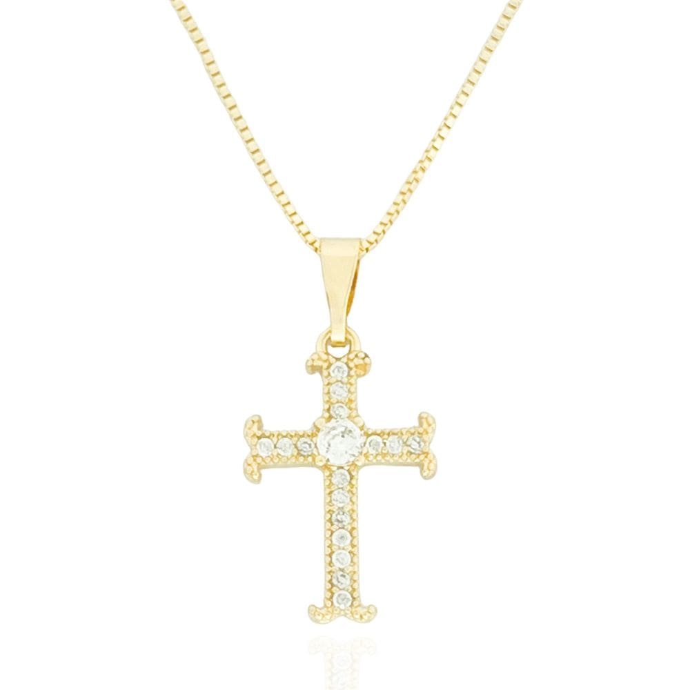 Colar Crucifixo Cravejado Cristal Banhado a Ouro