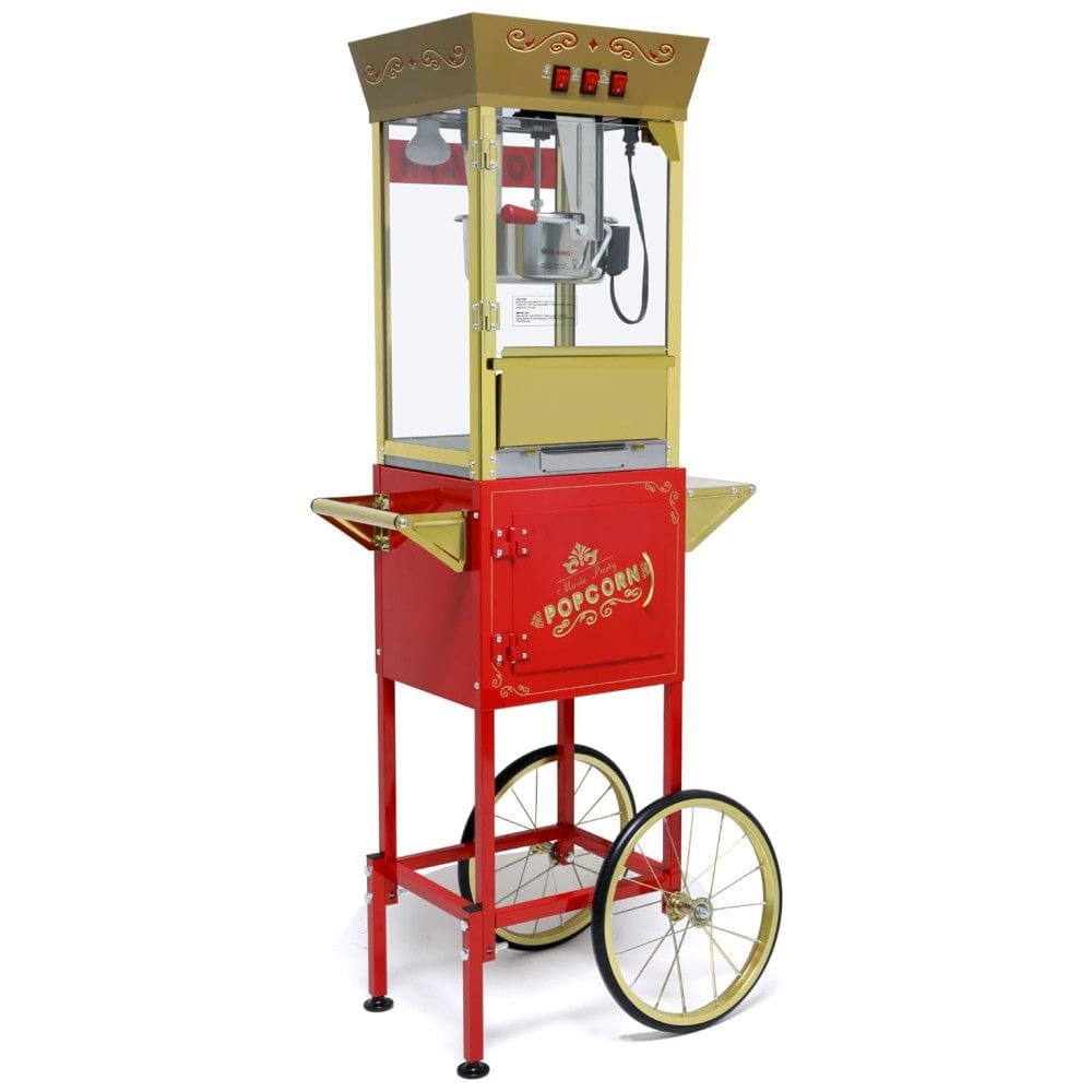Pipoqueira de 340g com Carrinho, Vintage Popcorn Maker com Suporte, Rodas, Gavetas de Armazenamento, Colher de Medir e Pegador, Estilo de