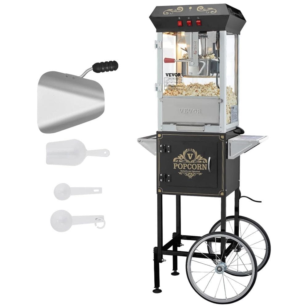 Pipoqueira VEVOR com Carrinho, 850W, 8 Oz, Faz 48 Copos, Vidro Temperado, 4 Colheres Medidoras