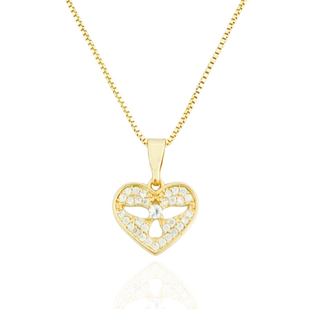 Colar Coração Cristal Espírito Santo Vazado Banhado a Ouro